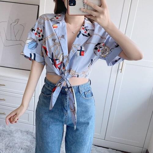 The latest design ladies print shirt bow short top vogue fashion cardigan blouse