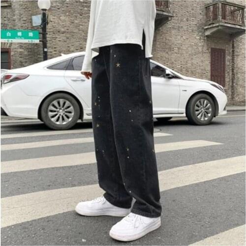 2021 New Star embroidery black jeans mens fashion brand straight tube loose hiphop fried Street pants over size wide leg pants