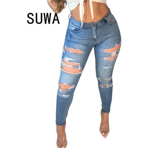 New Product Autumn Spring Clothes Women Trousers High Waist Pants Jeans Classic Hole Pencil Pants Bodycon Denim Legging