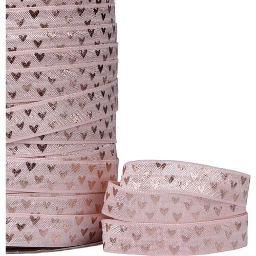 Wholesale 100 yards per roll 5/8" Valentine heart design rose gold foil printed foe fold over elastic