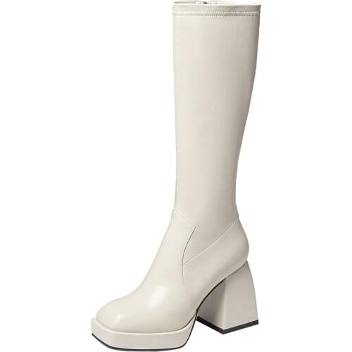 Autumn Winter Modern Boots Knee-High Elegant Boot Short Plush Warm Black White Women Low Heels Female Shoes Footwear Solid A6