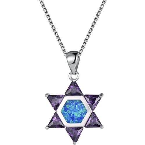 White Blue Fire Opal Hexagon Pendant Necklaces for Women Geometric Jewelry Purple Blue Triangle Zircon Necklace Wedding Present