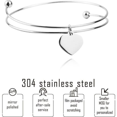 Stainless Steel Adjustable Bangle with Heart Charm Pendant Cuff Bracelet Women Accessories Wholesale 10pcs