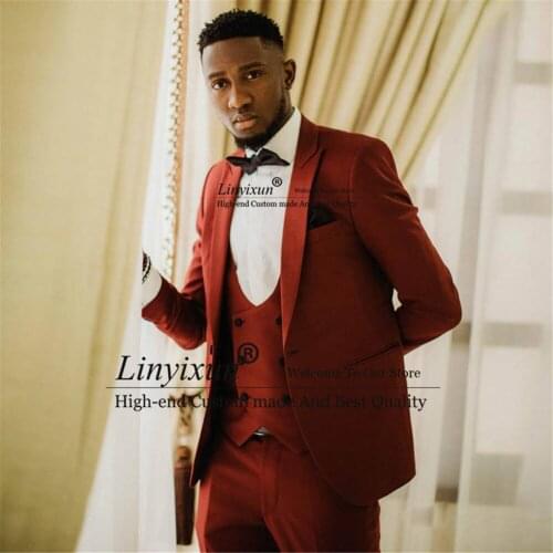 Luxury Burgundy Slim Fit Mens Suit Set Peak Lapel Blazer Wedding Groom Tuxedo Best Man Costume Homme 3 Pieces (Jacket+Pant+Vest)