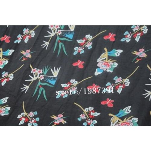150cm width Chiffon crepe fabric flowers pattern black background can see through for skirt suit-dress headband CH-8193