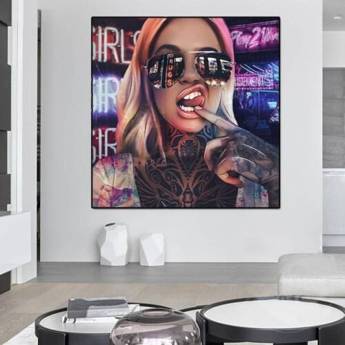 Sunglasses Smoking Girl Canvas Print Decorative Painting Sexy Tattoo Cool Woman Modern Bar Poster Wall Art Decor Wall Pictures