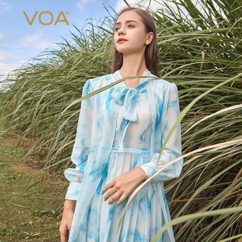 VOA Autumn New Silk Georgette Blue Lace-up Shirt Jean Jacket Sleeve Tie-dyed Resin Fixation Medium and Long Coat Female WE125