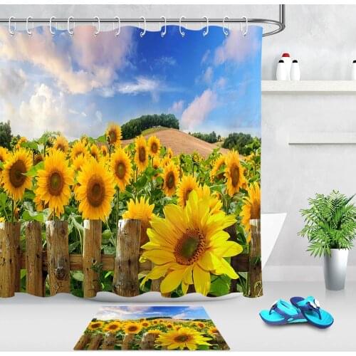 Shower Curtains Sky Blue Sunflowers Wood Fence Pattern Bathroom Curtains Waterproof Polyester Fabric Bath Curtain Customizable