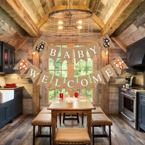 Woodland Fox Welcome Baby Burlap Banner Woodland Creatures Fawn Forest Animal Friend Garland for Baby Shower Party Decoration