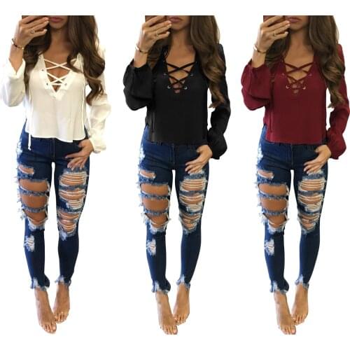 2020 Spring and Summer New Womens Solid Color V-neck Sexy Hollow Out Lace Up Short Paragraph Fashion Exposed Navel T-shirt
