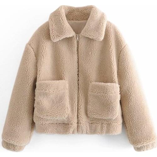 Evfer Women Winter Casual Woolen Hairy Khaki Outwear Female Fashion Turn-Down Collar Double Pockets Autumn Coats Oversize Chic