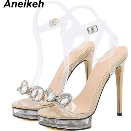 Aneikeh Summer Sexy Crystal PLATFORM HEELS Sandals Shoes Women PVC Butterfly-knot Rhinestone Sandals Party Nightclub Pumps 34-42