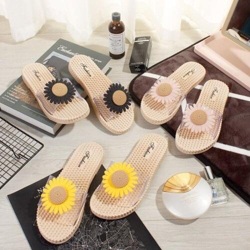 Women Summer New Sunflower Grass-like Rattan Slippers Transparent One-word Sandals Flat-bottomed Non-slip Beach Slippers