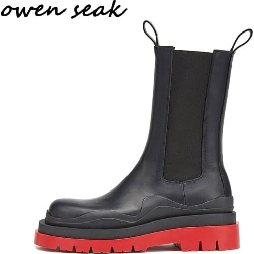 Owen Seak Women Motorcycle PU Leather Boots High-TOP Mid-Calf Winter Chelsea Boots Riding Casual Brand Flats Black Shoes