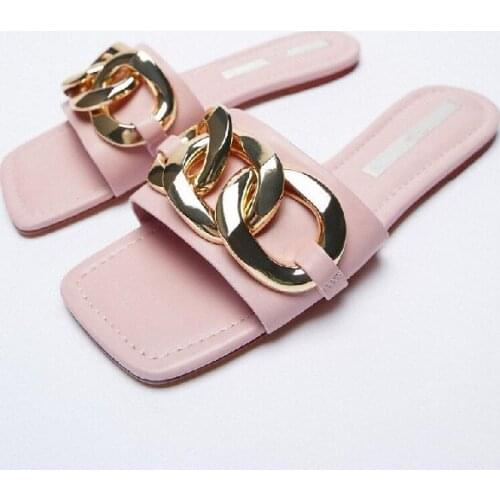 ZAR Slippers Women Summer Luxury 2021 New Pink Square Toe Metal Chain Casual Flat Sandals Brand Woman Beach Shoes Plus Size 41