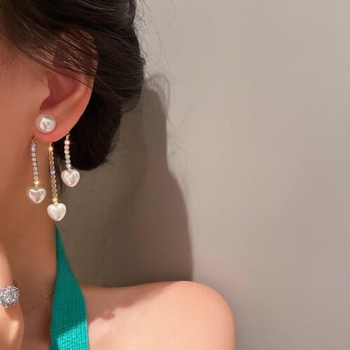 MENGJIQIAO Korean Elegant Pearl Heart After Hanging Drop Earrings For Women Ladies Fashion Rhinestone Tassel Pendientes Jewelry