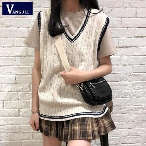 Vangull preppy style v neck knitted sweater vest women autumn winter Patchwork sleeveless vest sweater Female pullovers Vest