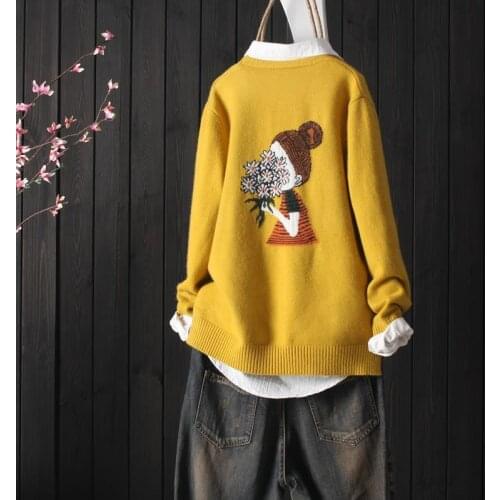 Ethnic style retro V-neck knitted cardigan women autumn new style art jacquard embroidery sweater women jacket