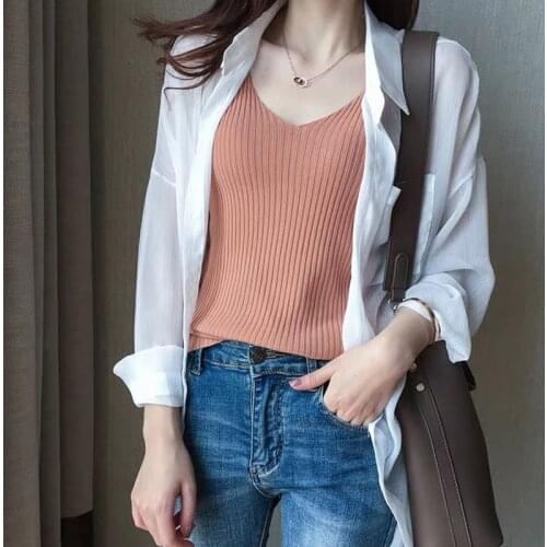 Women Solid Color V Neck Sleeveless Kinitting Slim Vest Top Breathable for Summer NOV99