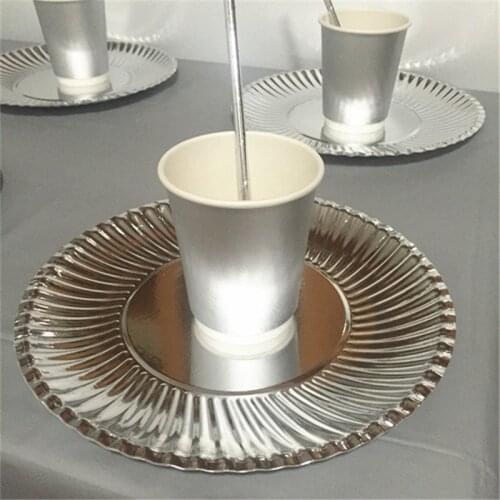 10 Sets Solid Foil Silver Tableware with Table Cloth Paper Plates Cups Straw Tablecover for Birthday Bridal Shower Baptism Party