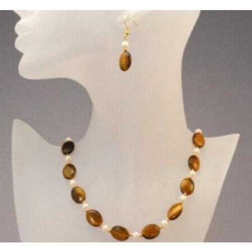 13X18mm Natural Yellow Tiger Eye + pearl necklace Earrings Set 18'' AAA
