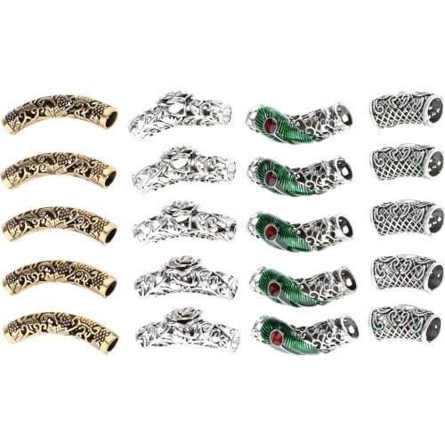 20Pcs Vintage Style Dreadlock Beads Twisted Braid Jewelry Gem Tubes Beards Hair Pendants Cuffs
