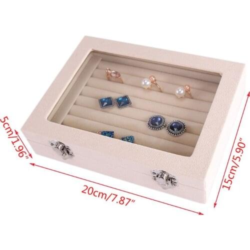 Velvet Glass Ring Earring Jewelry Display Organizer Box Tray Holder Storage Case