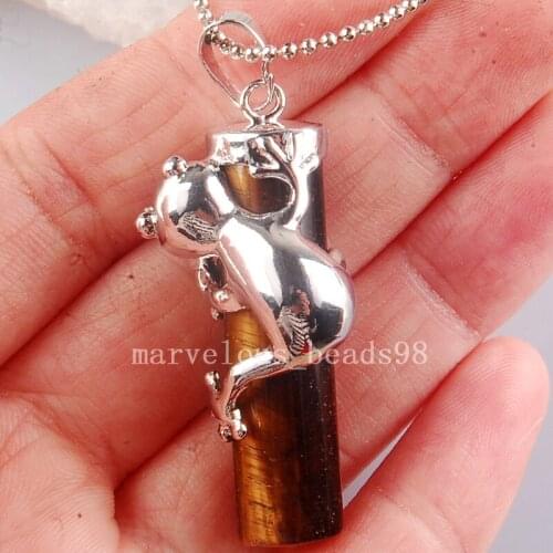 Free Shipping Beautiful jewelry 15x41mm Genuine Tigers Eye Frog amplected column Pendant Necklace with Chain PC3869