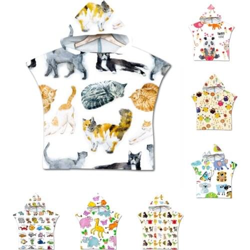 Free shipping Cute Animal Cat Elephant Giraffe Bear Panda Owl Print Baby Kids Poncho Towel Hooded Pool Bath Beach Towel Cape