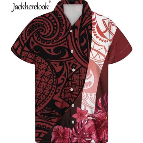 Jackherelook Red Polynesian Tribal Floral Print Men Hawaii Shirts Vintage Samoa Casual Short Sleeve Beach Shirt Comfortable Tops