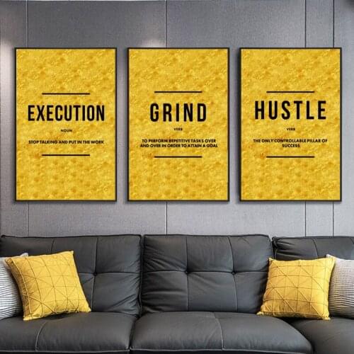Grind Hustle Execution Motivational Quote Art Canvas Painting Golden Posters and Prints Wall Art Pictures for Living Room Decor