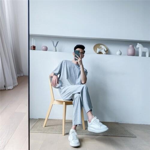 Summer Cool Men Loose Straight Casual Round O-Neck Short Sleeve T-Shirt Tops + Length Pants Fashion Suit