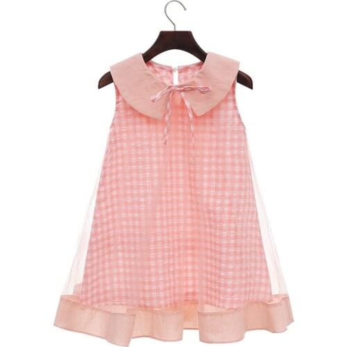 Summer Girls Plaid Dress 2021 Children' Dresses Sleeveless Peter Pan Collar Bow-knot Princess Mesh vestido 4 To 12 Years