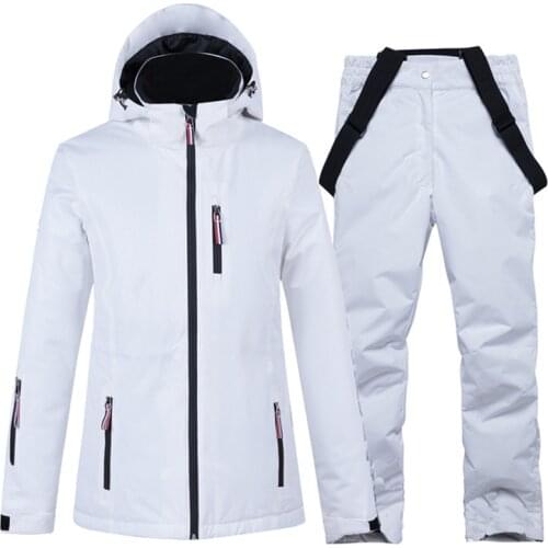 Ski Jackets + Strap Pants Pure White Womens Snow Wear Clothing Snowboard Suit Sets Waterproof Windproof Winter Costume -30 Warm