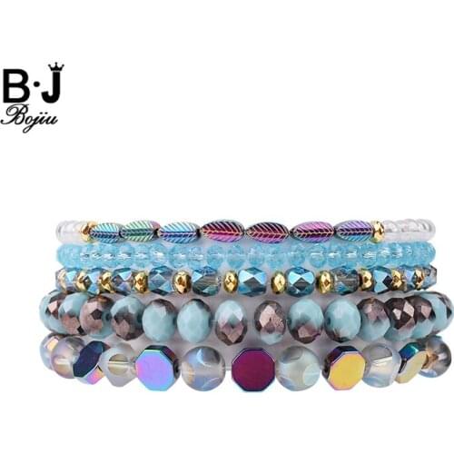 BOJIU 5 Pcs/Set Trendy Women Bracelets Faceted White Lt. Blue Crystal Colored Hematite Bracelet Femme Christmas Gift BCSET164