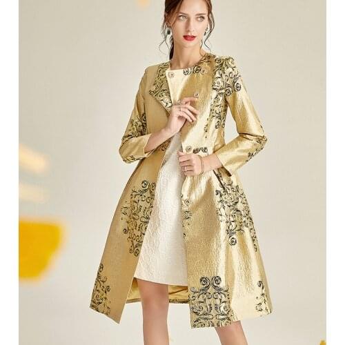 Spring Fall 2020 New Womens Female 5xl Slim Dobby Floral Golden Trench Coat , Korean Flower High Waisted Coats for Woman