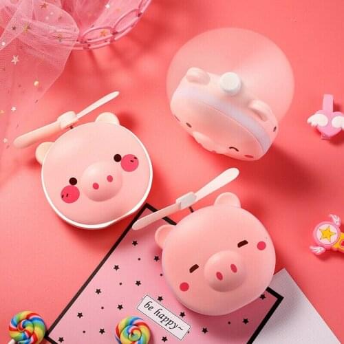 Portable Mini Cute Pig Handheld LED Makeup Mirror USB Rechargeable Cooler Fan