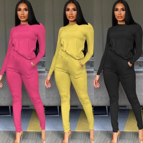 Casual Solid Knit Rib Tracksuit Women Sporswear Fitness O Neck Long Sleeve Top + Pockets Pants Two Piece Set Jogging Femme