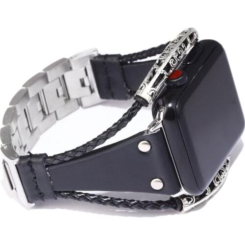 Fashion Leather Stainless Steel For Apple Watch Strap 3/4 Replacement Women Men Bracelet Strap (20.5 cm) Watch Strap 38mm 44mm