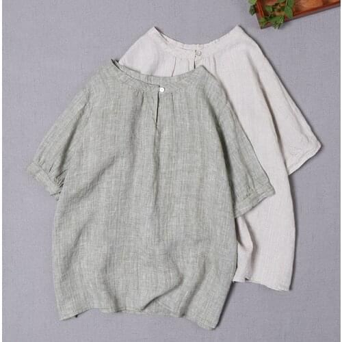 2020 New Summer Women Tops Japan Style Mori Girl Linen O-Neck Short Sleeve Shirt Loose Pullover Women