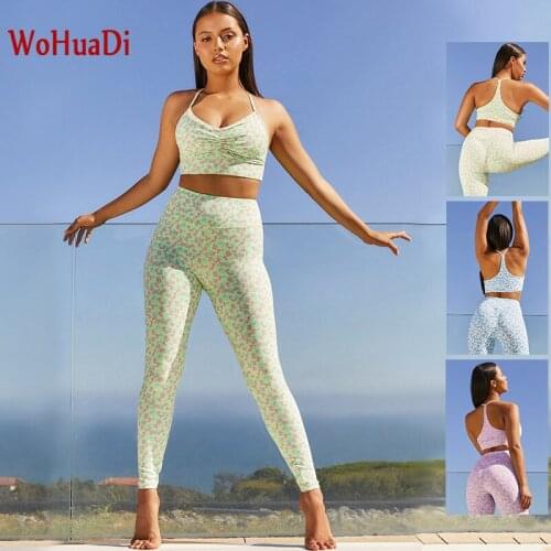 WOHUADI Sexy Sling Sports Bra Set Yoga Women Clothing Suit Gym Fitness 2 Piece Printed Folds Backless Top High Waist Leggings