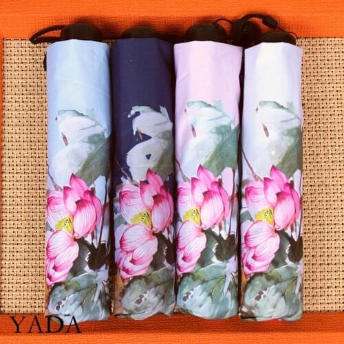 YADA 2020 INS Big Lotus Flowers Pattern Pencil Umbrella 3-Folding Umbrellas For Girl Women Anti-UV Super Light Umbrella YD200325