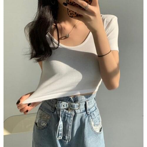 2021 Summer Korean Basic T Shirt Women Tees Sexy U-neck Tee Shirts Femme Slim Elastic Skinny Tops with Shoulder Pads Black White