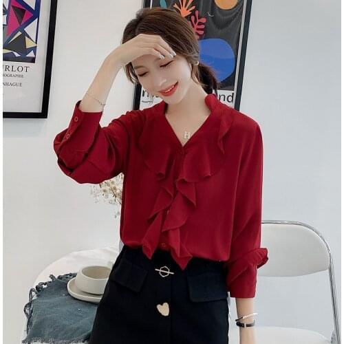 Chiffon shirt female new long-sleeved retro temperament light mature Korean v-neck design sense of ruffle