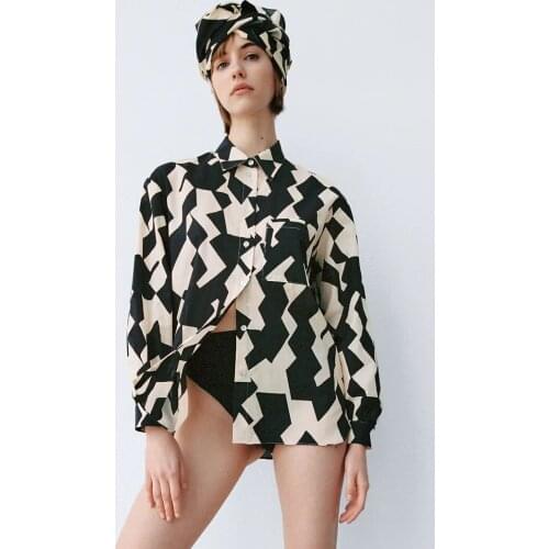 Za Womens Shirt 2021 Autumn Fashion Printing Lapel Long sleeve Loose Blusas Loose England Casual Single-breasted Pocket Tops