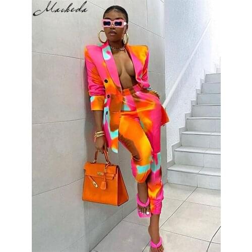 Macheda Autumn Fashion Printing Two Pieces Set Women Slim Elegant Long Sleeve Coat And High Waist Trousers Street Outfits Lady