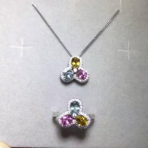 Natural multicolor tourmaline Ring Pendant Natural Gemstone Jewelry Set S925 Silver elegant Clover leaves girls party jewelry