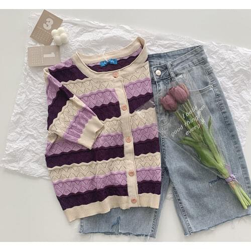 Purple Stripe Hollow Out Knitted Sweater Cardigan Womens Summer Round Neck Single Breasted Short Sleeve Loose Causal Crop Top