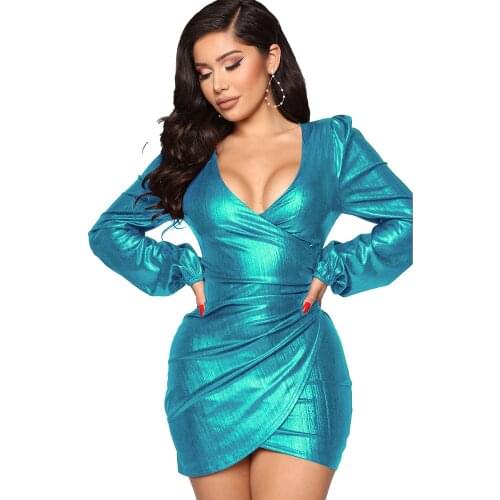 Glitter Metallic Sexy Bodycon Dress for Women V-Neck Ruched Sheath Night Party Wrap Dress Elegant Celebrity Club Wear Mini Dress