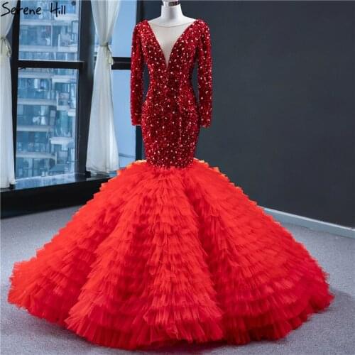 Serene Hill Dubai Red Long Sleeves Wedding Dress 2020 V-Neck Sequins Luxury Tiered Mermaid Bridal Gown Custom Made CHM67003
